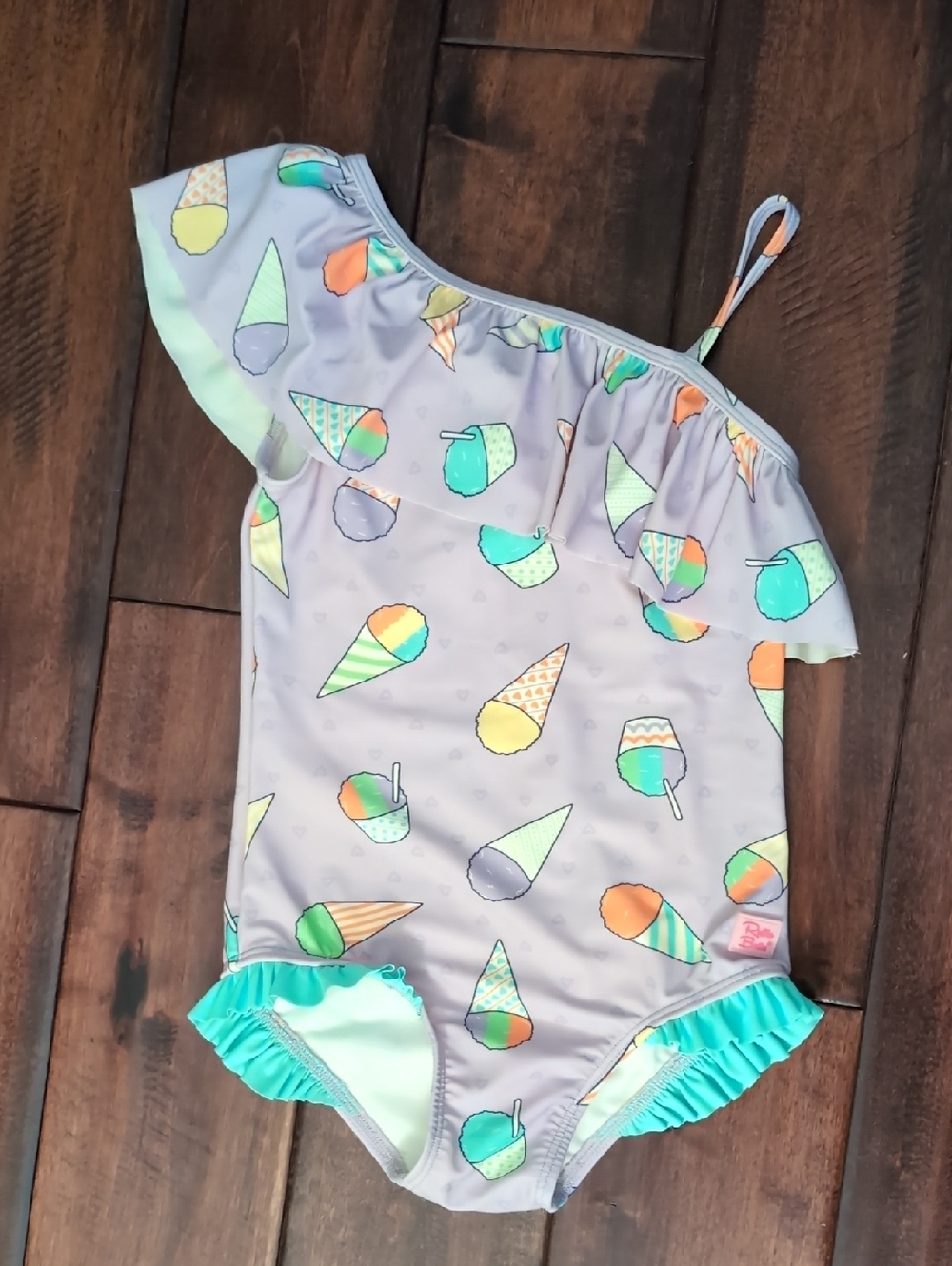 RuffleButts Toddler Girls One-Shoulder Ice Cream Print Swimsuit - Size 5